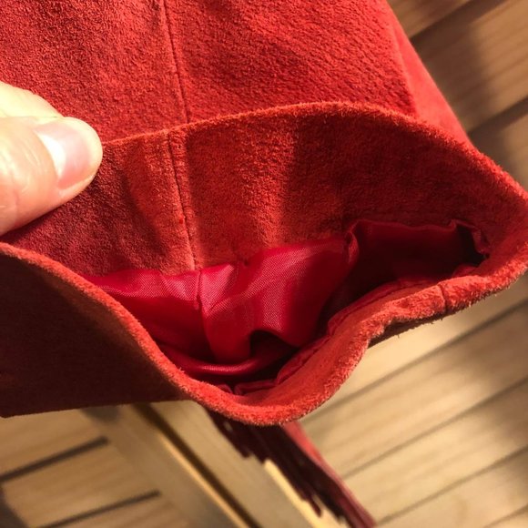 3BWest Women's Fringed Leather Jacket Red Suede Open Front - Picture 8 of 11